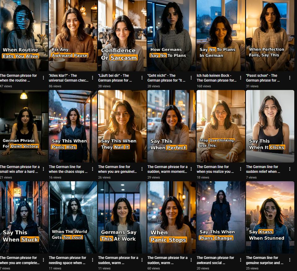 Grid of SprachKino video thumbnails: cinematic scenes teaching German phrases