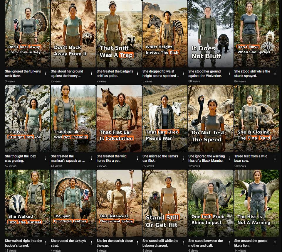Grid of Too Close to Nature video thumbnails: a host standing unwisely close to wild animals